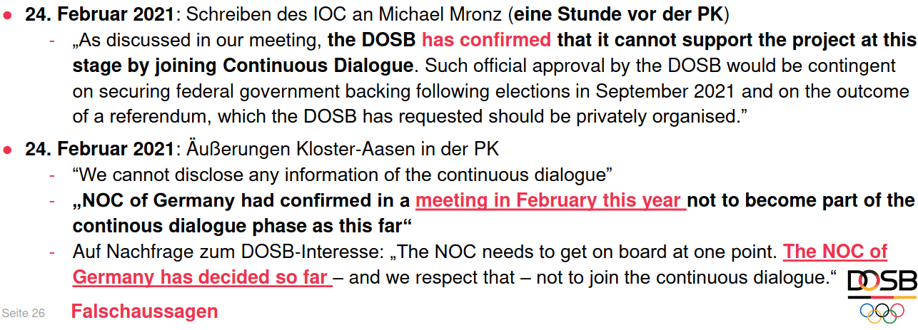 Rot markiert: Der DOSB wirft dem IOC Falschaussagen vor. Screenshot aus der Präsentation von DOSB-Präsident Hörmann (PDF-Datei).  